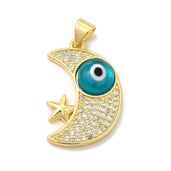 Rack Plating Brass Micro Pave Clear Cubic Zirconia Pendants, with Handmade Evil Eye Lampwork, Cadmium Free & Lead Free, Long-Lasting Real 18K Gold Plated, Moon with Star Charm, Deep Sky Blue, 25x16.5x4mm, Hole: 5x3.5mm