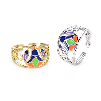 Long-lasting Plated Wide Band for Women, Brass Enamel Cuff Rings, Cadmium Free & Nickel Free & Lead Free, Mixed Color, US Size 7(17.3mm)