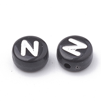 Opaque Acrylic Beads, Letter Style, Horizontal Hole, Flat Round, Letter.N, 7x4mm, Hole: 1.5mm