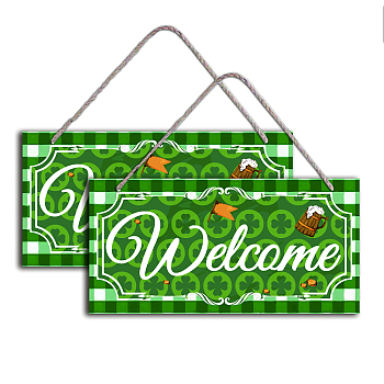 Natural Wood Hanging Wall Decorations, with Jute Twine, Rectangle with Word Welcome, Dark Green, 15x30x0.5cm