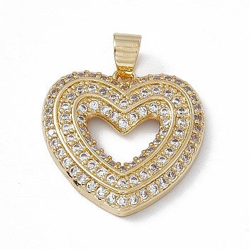 Rack Plating Brass Micro Pave Cubic Zirconia Pendants, Cadmium Free & Lead Free, Long-Lasting Plated, Heart Charm, Real 18K Gold Plated, 23.5x24x3.5mm, Hole: 4x5mm