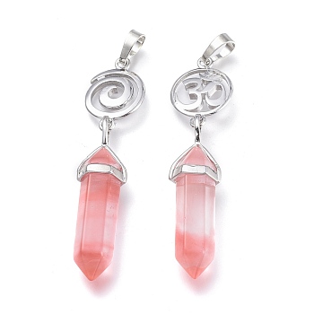 Cherry Quartz Glass Pointed Big Pendants, Double Terminated Pointed, with Platinum Plated Brass Findings, Faceted, Bullet, 59~67x14~15mm, Hole: 7x5mm, Gemstone: 41~44x8mm