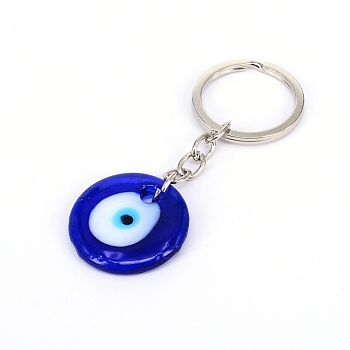 Keychain, with Evil Eye Lampwork & Alloy Split Key Rings, Platinum, Royal Blue, 83mm, Pendant: 30.5x5.5mm, Ring: 30x2.5mm, Packing Bag: 17.6x5.8x0.55cm.