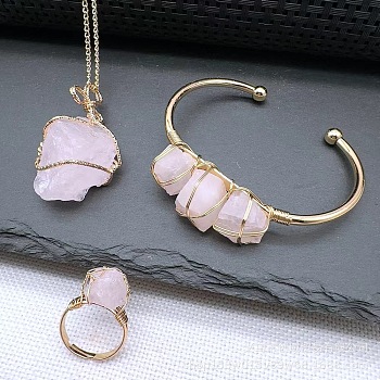 Wire Wrapped Nuggets Natural Rose Quartz Pendant Necklace & Cuff Bangle & Rings Sets, Alloy Jewelry Sets, Golden, 18.90~49.69 inch(480mm)