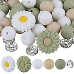 79Pcs 6 Styles Iron Rhinestone Spacer Beads with Flower Silicone Beads, Yellow Green, 10~20mm, Hole: 2mm(SIL-SZ0002-30B)