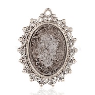 Oval Tibetan Style Alloy Pendant Cabochon Settings, Antique Silver, Tray: 18x25mm, 38x29x2mm, Hole: 2mm(PALLOY-I114-40AS)