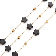 Ion Plating(IP) 304 Stainless Steel Satellite Chains, with Natural Black Agate Star Beaded, Unwelded, with Spool, Golden, 4x4x2mm(CHS-G019-01G-14)