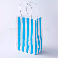 kraft Paper Bags, with Handles, Gift Bags, Shopping Bags, Rectangle, Stripe Pattern, Blue, 33x26x12cm(CARB-E002-L-P03)