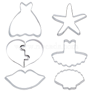 6 Style 304 Stainless Steel Cookie Cutters, Cookies Moulds, DIY Biscuit Baking Tool, Heart & Stars & Scallop Shell & Lip & Dress, Stainless Steel Color, 50~80x41~82x17.5mm(DIY-CP0008-26)