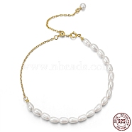 Adjustable 925 Sterling Silver Cable Chain Bracelets, Natural Freshwater Pearls Beaded Bracelets for Woman, Real 14K Gold Plated, 9-1/8 inch(23cm)(BJEW-I314-141)