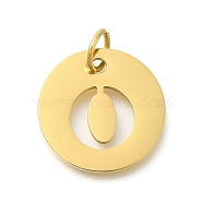 Ion Plating(IP) 304 Stainless Steel Pendants, with Jump Ring, Laser Cut, Flat Round with Letter Charm, Real 18K Gold Plated, Letter O, 20x1mm, Hole: 4.5mm(STAS-M074-01G-O)