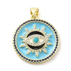 Real 18K Gold Plated Brass Clear Cubic Zirconia Pendants, with Enamel, Flat Round with Evil Eye, Light Sky Blue, 25x22.5x2.5mm, Hole: 5x3.5mm(KK-A198-09G-03)