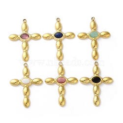 Natural Mixed Stone Pendants, Ion Plating(IP) 304 Stainless Steel Cross Charms, Mixed Dyed & Undyed, Real 18K Gold Plated, 33x24x5mm, Hole: 2mm(STAS-Z099-12G)