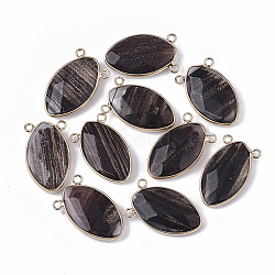 Glass Pendants, with Golden Tone Brass Open Back Settings and Glitter Powder, Faceted, Horse Eye, Coconut Brown, 30x18.5x6.5mm, Hole: 2mm(GLAA-S130-27)