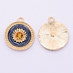 Alloy Enamel Pendants, with Rhinestone, Lead Free & Cadmium Free, Flat Round with Dsisy, Light Gold, Black, 23x19.5x3mm, Hole: 2mm(ENAM-CJC0002-10B-RS)