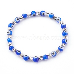 Handmade Round Evil Eye Lampwork Beaded Stretch Bracelets, with Alloy Spacer Beads, Antique Silver, Blue, Inner Diameter: 2 inch(5.2cm)(X-BJEW-JB05974-02)