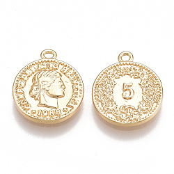 Brass Coin Charms, Flat Round, Nickel Free, Real 18K Gold Plated, 14x12x2mm, Hole: 1mm(X-KK-T038-76G)