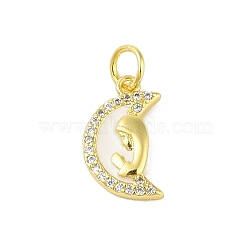 Brass Micro Pave Clear Cubic Zirconia Pendants, with Jump Ring and Enamel, Real 18K Gold Plated, Moon, 15x8.5x2mm, Hole: 3mm(KK-E111-46G-04)