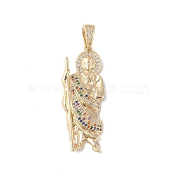Brass Clear Cubic Zirconia Pendants, Long-Lasting Plated, God, Colorful, 47x18x3.5mm, Hole: 8x5.5mm(KK-Z050-03G-07)