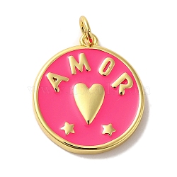 Brass Enamel Pendants, with Jump Ring, Real 18K Gold Plated, Cadmium Free & Lead Free, Flat Round with Heart & Word Amor Charm, Hot Pink, 20.5x18x2.5mm, Hole: 3mm(KK-U027-17G-02)