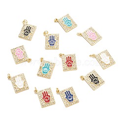 Brass Micro Pave Clear Cubic Zirconia Pendants, with Enamel, Real 18K Gold Plated, Long-Lasting Plated, Rectangle with Hamsa Hand, Mixed Color, 22.5x19x3mm, Hole: 2mm(ZIRC-M115-37G)