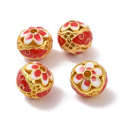Hollow Alloy Beads, with Enamel, Rondelle with Flower, Matte Gold Color, Red, 14x13mm, Hole: 2.5mm(ENAM-L039-20MG-02)
