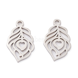 201 Stainless Steel Pendants, Laser Cut, Hollow, Manual Polishing, Leaf, Stainless Steel Color, 17.5x11x1mm, Hole: 1.6mm(STAS-D451-13P)