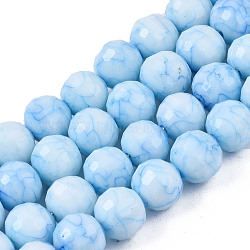 Opaque Baking Painted Crackle Glass Beads Strands, Round, Faceted, Light Sky Blue, 8x7.5mm, Hole: 0.8mm, about 60pcs/strand, 17.32~17.72 inch(44~45cm)(EGLA-S174-33I)