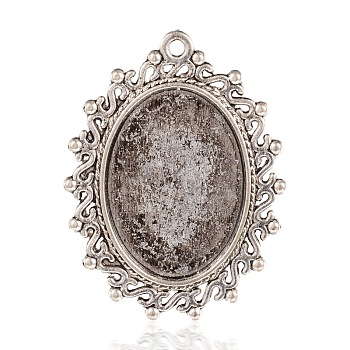 Oval Tibetan Style Alloy Pendant Cabochon Settings, Antique Silver, Tray: 18x25mm, 38x29x2mm, Hole: 2mm