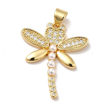Brass Micro Pave Cubic Zirconia Pendants, with Plastic Imitation Pearl Bead, Long-Lasting Plated, Real 18K Gold Plated, Dragonfly, Clear, 26.5x22.5x3mm, Hole: 3.5x4mm
