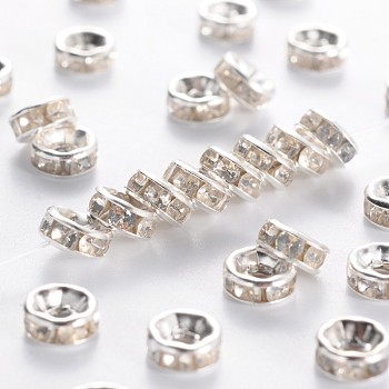 Iron Rhinestone Spacer Beads, Grade B, Rondelle, Straight Edge, Clear, Silver Color Plated, 6x3mm, Hole: 1.5mm