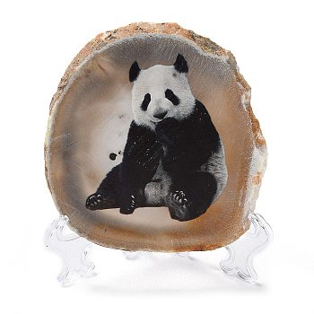 Printed Natural Agate Slice Stone Ornament, for Good Luck Home Office Decor, Panda, 125~135x95~135x6.5~9mm