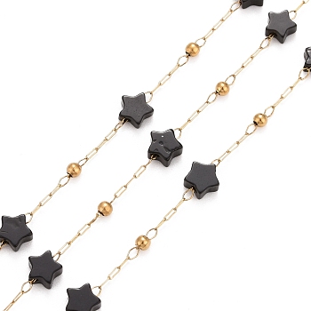 Ion Plating(IP) 304 Stainless Steel Satellite Chains, with Natural Black Agate Star Beaded, Unwelded, with Spool, Golden, 4x4x2mm