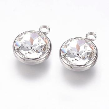 K9 Glass Rhinestone Pendants, April Birthstone Charms, with 304 Stainless Steel Findings, Flat Round, Clear, 18x14x9mm, Hole: 2.5mm