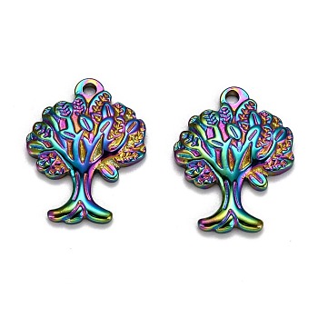 Ion Plating(IP) 304 Stainless Steel Pendants, Tree of Life, Rainbow Color, 22x17x2.5mm, Hole: 1.8mm