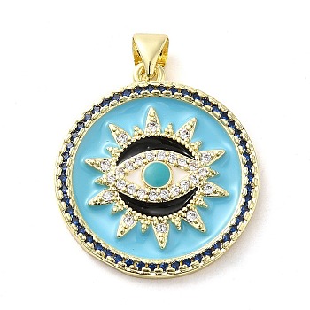Real 18K Gold Plated Brass Clear Cubic Zirconia Pendants, with Enamel, Flat Round with Evil Eye, Light Sky Blue, 25x22.5x2.5mm, Hole: 5x3.5mm