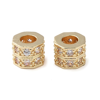 Rack Plating Brass with Cubic Zirconia European Beads, Long-Lasting Plated, Lead Free & Cadmium Free, Octagon, Golden, 9x9x6.5mm, Hole: 4.3mm