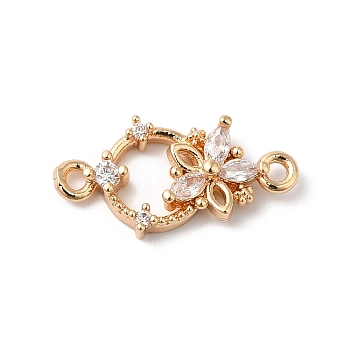 Brass Pave Clear Cubic Zirconia Flower Ring Links Connector Charms, with Glass, Golden, Clear, 16x8x3mm, Hole: 1.2mm