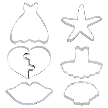 6 Style 304 Stainless Steel Cookie Cutters, Cookies Moulds, DIY Biscuit Baking Tool, Heart & Stars & Scallop Shell & Lip & Dress, Stainless Steel Color, 50~80x41~82x17.5mm