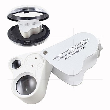 ABS Plastic Portable Magnifier, with Led Lights, Alloy Findings, Acrylic Optical Lens, White, Magnification: 30X, Lens: 17.5mm, Magnification: 60X, Lens: 8.8mm, 52x41x28mm