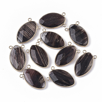 Glass Pendants, with Golden Tone Brass Open Back Settings and Glitter Powder, Faceted, Horse Eye, Coconut Brown, 30x18.5x6.5mm, Hole: 2mm