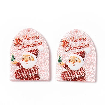 Christmas Translucent Printed Acrylic Pendants, Arch with Santa Claus, Pink, 38x28x2.5mm, Hole: 1.4mm