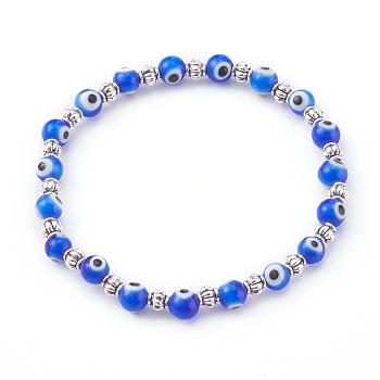 Handmade Round Evil Eye Lampwork Beaded Stretch Bracelets, with Alloy Spacer Beads, Antique Silver, Blue, Inner Diameter: 2 inch(5.2cm)