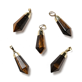 Natural Tiger Eye Pointed Pendants, with Golden Tone Brass Findings, Bullet, 35~36.5x13~13.5x12mm, Hole: 5x7mm