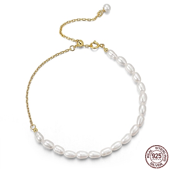 Adjustable 925 Sterling Silver Cable Chain Bracelets, Natural Freshwater Pearls Beaded Bracelets for Woman, Real 14K Gold Plated, 9-1/8 inch(23cm)