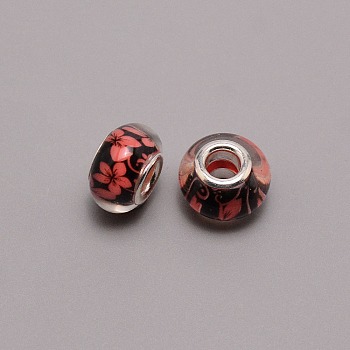 Acrylic European Beads, Large Hole Beads, Printing, Rondelle, Light Coral, 14x9mm, Hole: 5mm