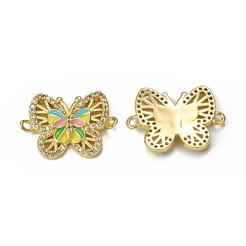 Brass Micro Pave Cubic Zirconia Connector Charms, Enamel Style, Butterfly, Golden, 15.5x21.5x2.5mm, Hole: 1.5mm