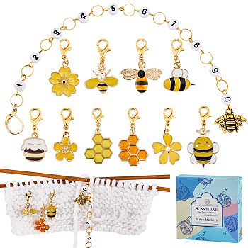 Bee & Honeycomb Theme DIY Knitting Tools, including Alloy Enamel Pendant Stitch Markers and Beaded Knitting Row Counter Chains, Golden, 23.5cm