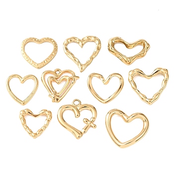 10Pcs 304 Stainless Steel Pendants, Heart Charm, Ion Plating(IP), Real 18K Gold Plated, 14~19x15~20x1.5~5mm, Hole: 1.6~2mm