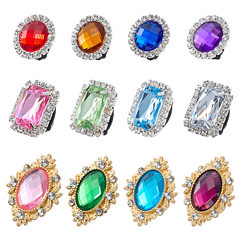 12Pcs 12 Styles Rectangle/Rhombus/Round Detachable Alloy Rhinestone Shoe Decoration, with Plastic Buckle Clip, Mixed Color, 20.5~32x18~26x15.5~17mm, 1pc/style